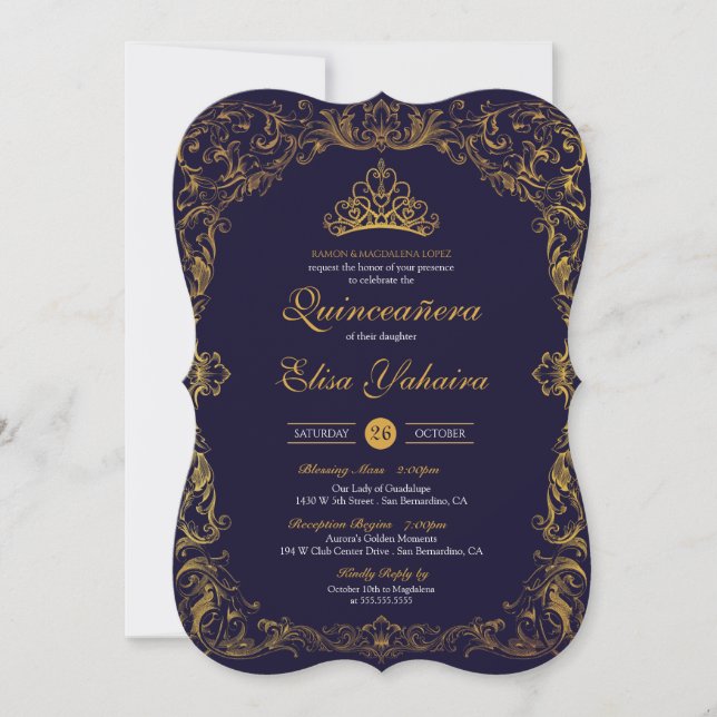 Invitación Royal Elegant Gold Navy Blue Fairytale Quinceanera (Anverso)