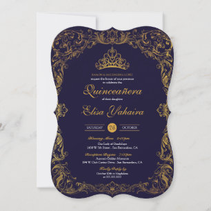 Invitación Royal Elegant Gold Navy Blue Fairytale Quinceanera