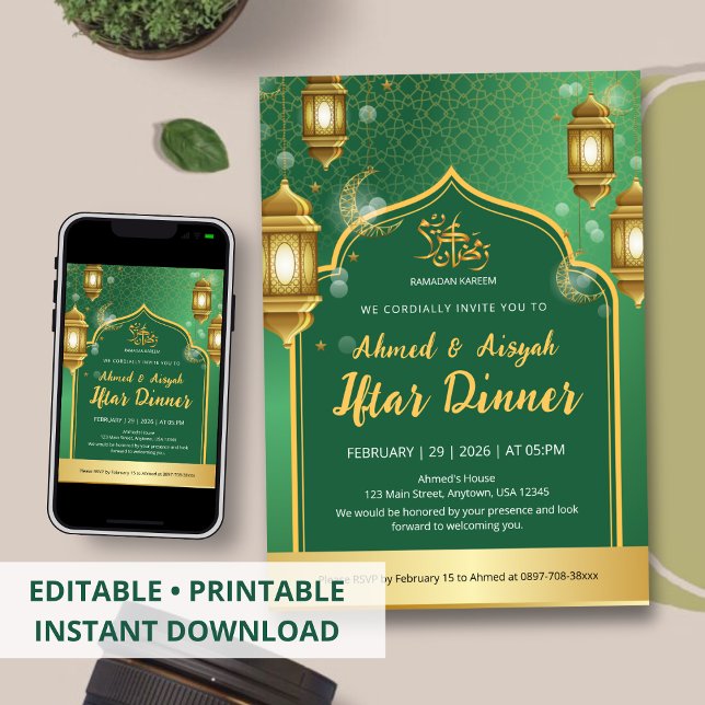 Invitación Royal Emerald Green and Gold Lantern Iftar Dinner  (Subido por el creador)