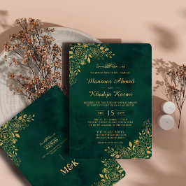 Invitación Royal Emerald Green Gold Floral Islamic Boda