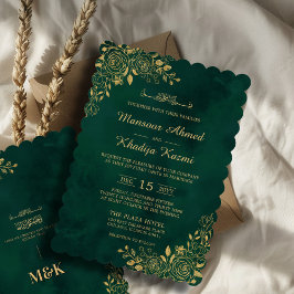 Invitación Royal Emerald Green Gold Floral Islamic Boda