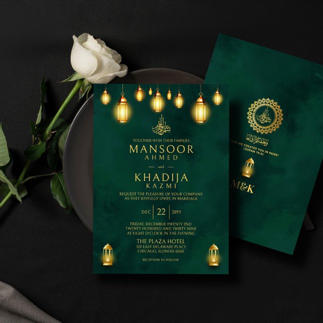 Invitación Royal Emerald Green Golden Lights Boda islámico (Subido por el creador)