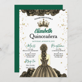 Invitación Royal Emerald Green Rose Quinceañera Invite