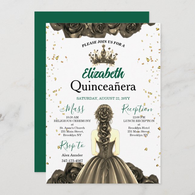 Invitación Royal Emerald Green Rose Quinceañera Invite (Anverso / Reverso)