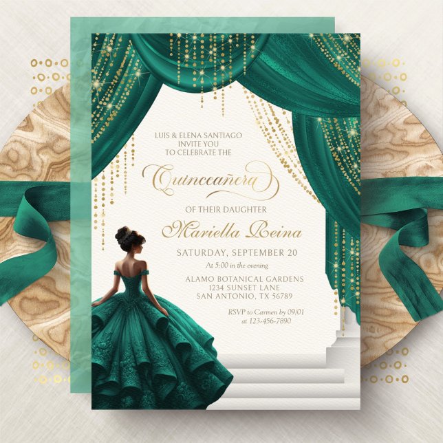 Invitación Royal Fairytale Green Modern Quinceanera (Subido por el creador)