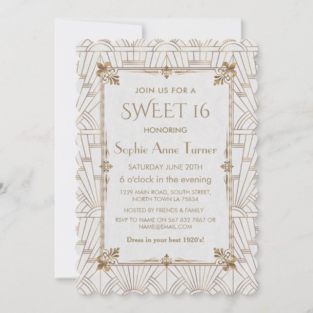Invitación Royal Fleur-de-Lis Art Deco Gold White SWEET 16 (Anverso)