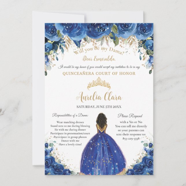 Invitación Royal Floral Dama Request Gold Quinceañera XV (Anverso)