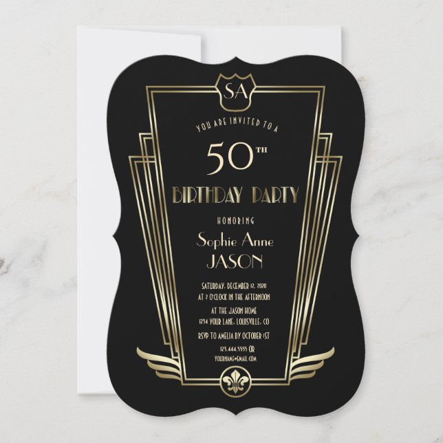 Invitación Royal Gold Art Deco Monograma Fiesta de cumpleaños (Anverso)