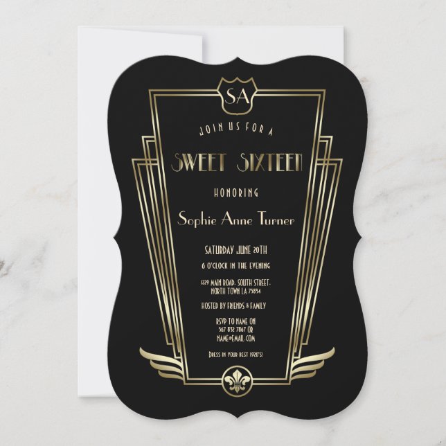 Invitación Royal Gold Art Deco Monograma SWEET 16 (Anverso)