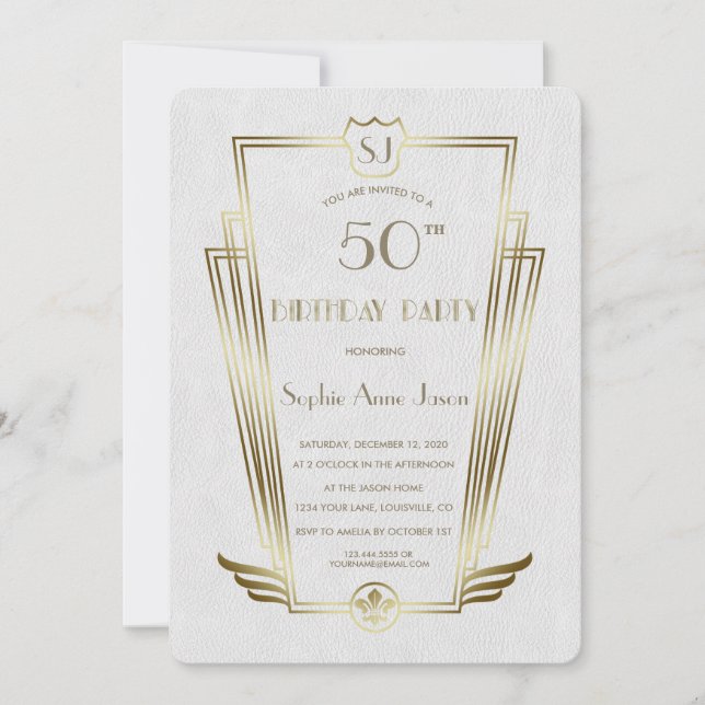 Invitación Royal Gold Art Deco Monograma White Birday Party (Anverso)