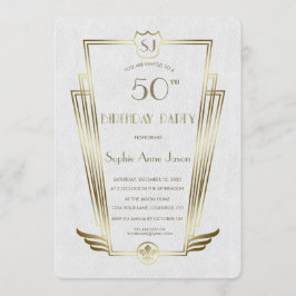Invitación Royal Gold Art Deco Monograma White Birday Party