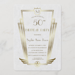 Invitación Royal Gold Art Deco Monograma White Birday Party