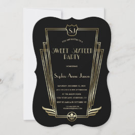 Invitación Royal Gold Black Art Deco Monograma Dulce 16 Invit