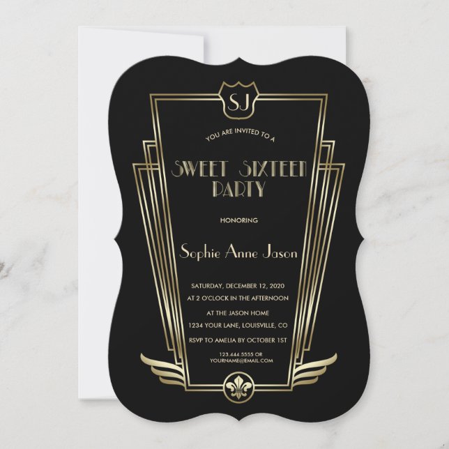 Invitación Royal Gold Black Art Deco Monograma Dulce 16 Invit (Anverso)