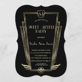 Invitación Royal Gold Black Art Deco Monograma Dulce 16 Invit