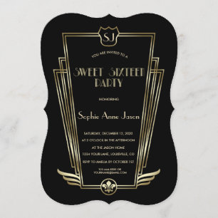Invitación Royal Gold Black Art Deco Monograma Dulce 16 Invit