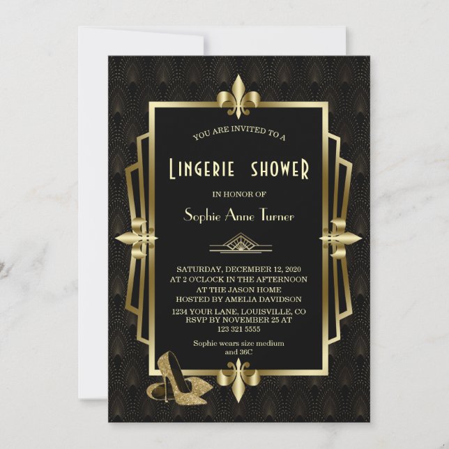 Invitación Royal Gold Black Great Gatsby Lingerie Shower