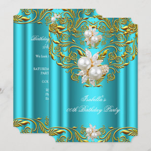 Invitación Royal Gold en Perla Teal Elegante Fiesta de Cumple