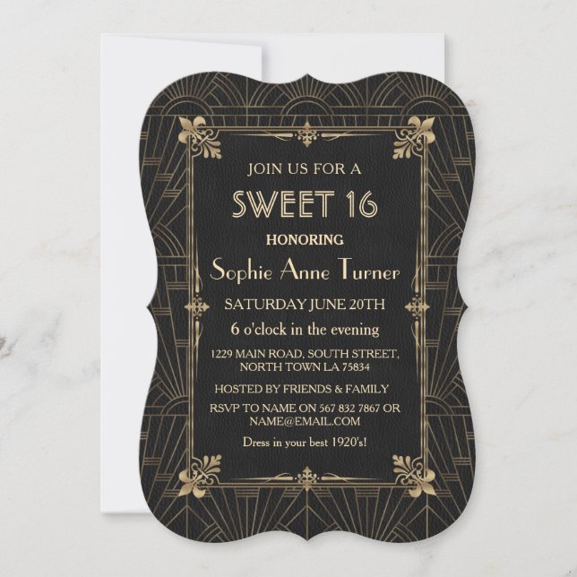 Invitación Royal Gold Fleur-de-Lis Art Deco 1920 SWEET 16 (Anverso)