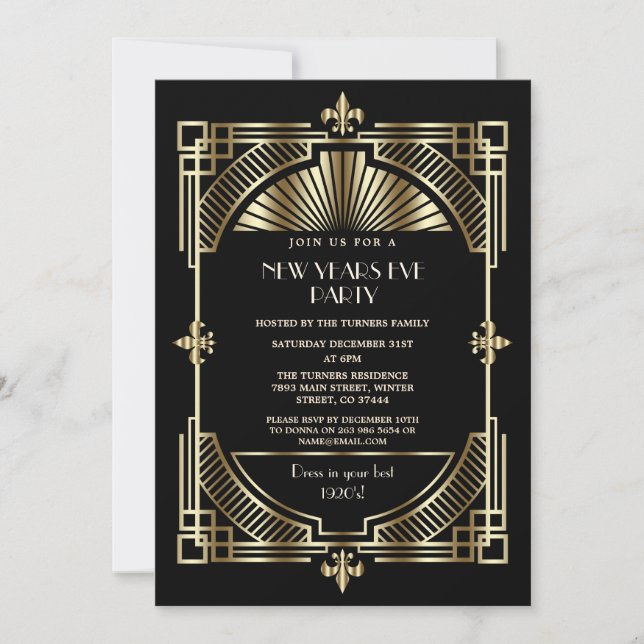 Invitación Royal Gold Fleur-de-lis Art Deco Fiesta de Año Nue (Anverso)