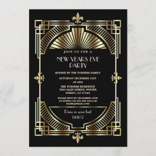 Invitación Royal Gold Fleur-de-lis Art Deco Fiesta de Año Nue