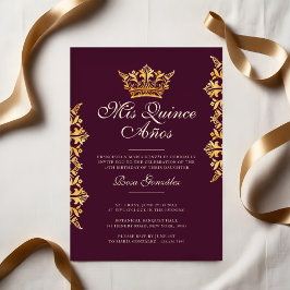 Invitación Royal Gold Leaf Crown Elegante Borgoña Quinceañera