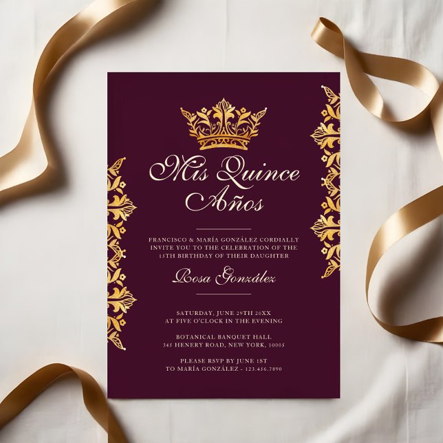 Invitación Royal Gold Leaf Crown Elegante Borgoña Quinceañera (Royal Gold Leaf Crown Elegant Burgundy Quinceañera Invitation)