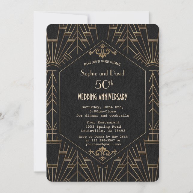 Invitación Royal Gold Negro Gatsby Bodas de Aniversario (Anverso)