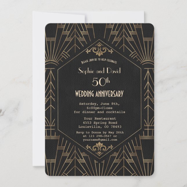 Invitación Royal Gold Negro Gran Gatsby Boda Aniversario (Anverso)