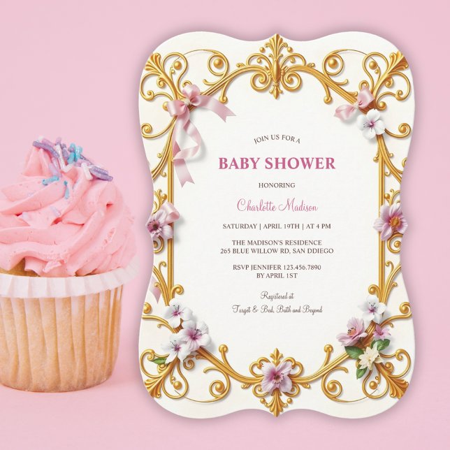 Invitación Royal Gold Rococo Chica Floral Rosa Baby Shower (Royal Gold Rococo Pink Floral Girl Baby Shower Invitation)