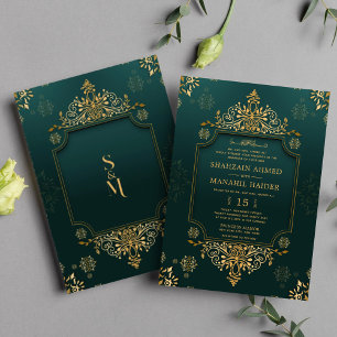Invitación Royal Green I Gold Boda musulmán elegante con flor