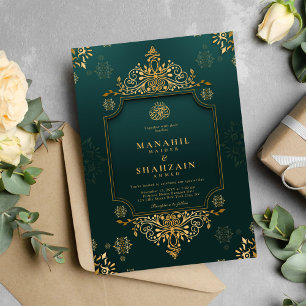 Invitación Royal Green I Gold Floral QR Código musulmán Boda