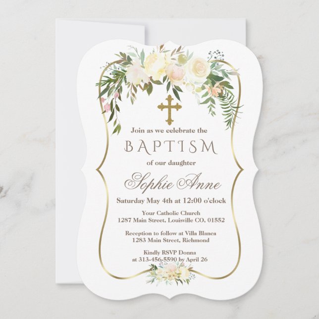 Invitación Royal Ivory Floral Gold Baptism (Anverso)
