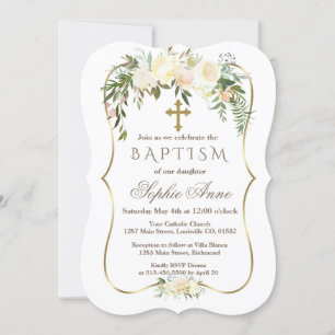Invitación Royal Ivory Floral Gold Baptism