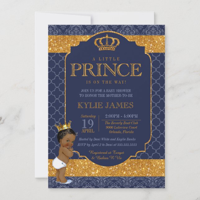 Invitación Royal Little Prince Navy Blue Gold Baby Shower (Anverso)