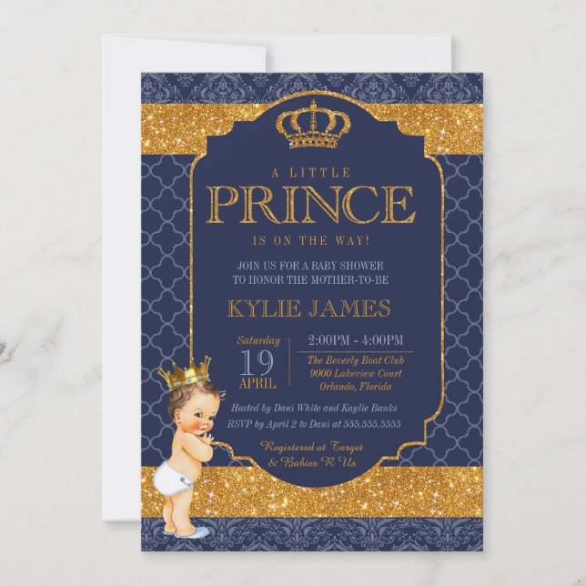 Invitación Royal Little Prince Navy Blue Gold Baby Shower (Anverso)