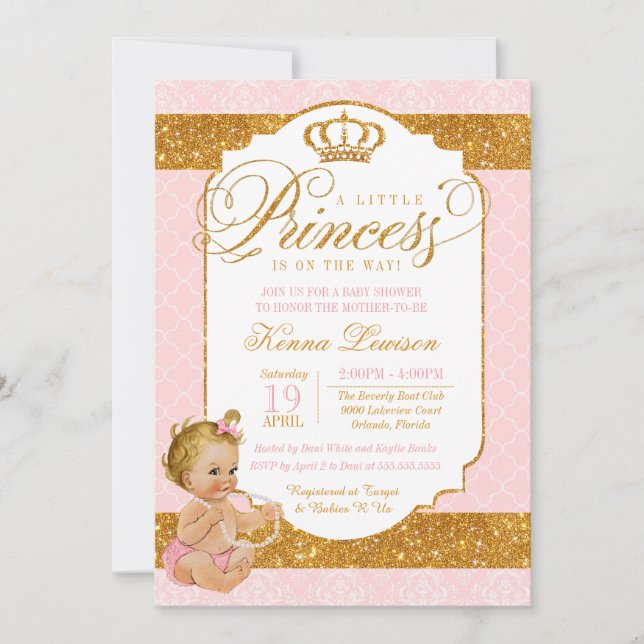Invitación Royal Little Princess Pink and Gold Baby Shower (Anverso)