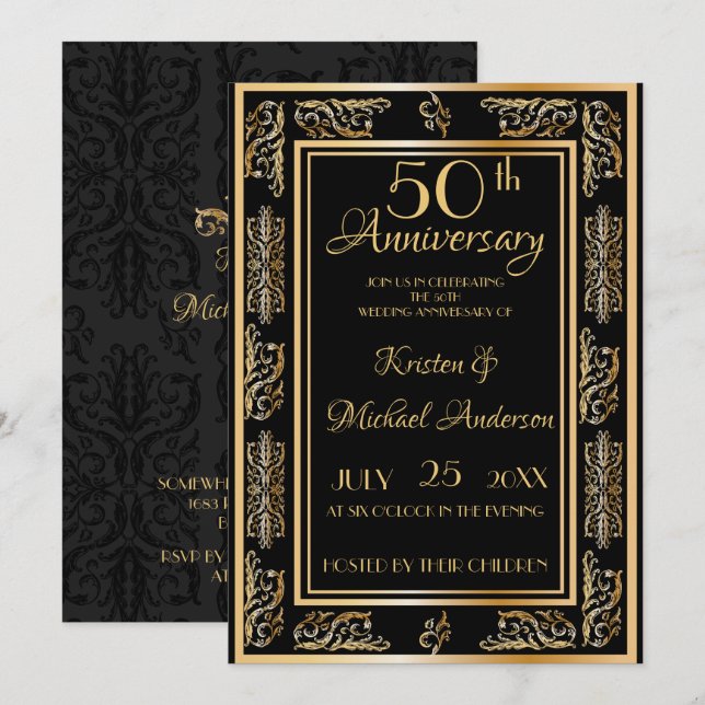 Invitación Royal Luxe Classic oro negro 50 aniversario (Anverso / Reverso)