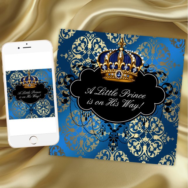 Invitación Royal Nave Blue Gold Prince Baby Boy Shower (Blue gold prince baby shower invitation. Add your text to front and back. Download and printed.)