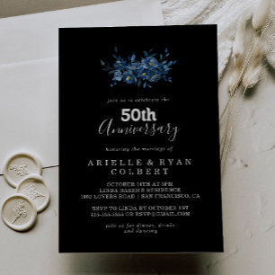 Invitación Royal Navy Azul Floral 50 Aniversario de Boda