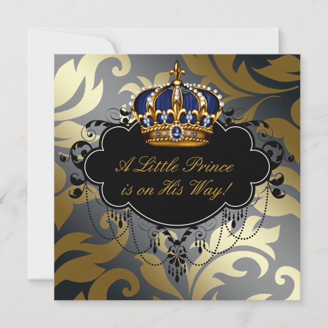 Invitación Royal Navy Blue Black Gold Prince Baby Boy Shower (Anverso)