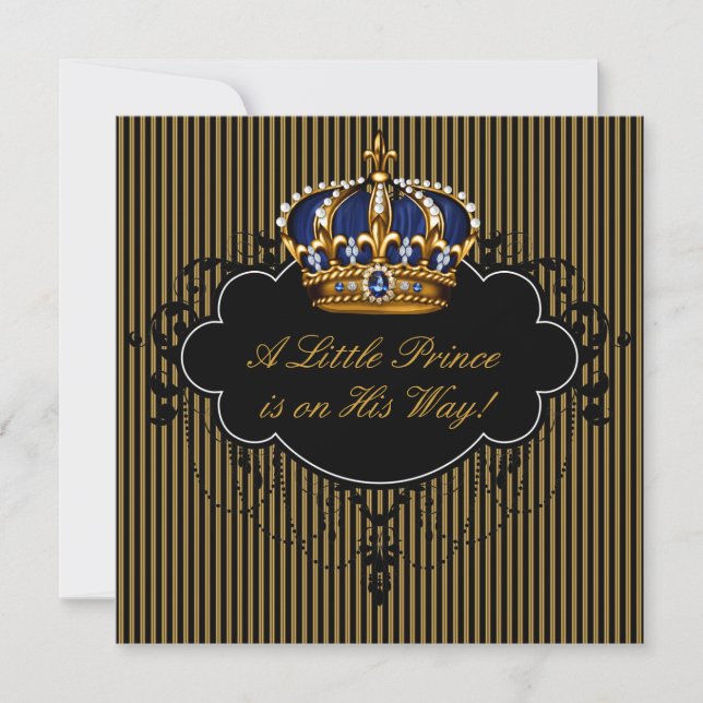Invitación Royal Navy Blue Black Gold Prince Baby Boy Shower (Anverso)