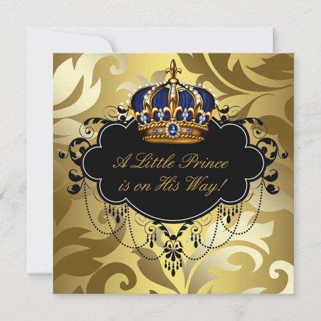 Invitación Royal Navy Blue Black Gold Prince Baby Boy Shower (Anverso)