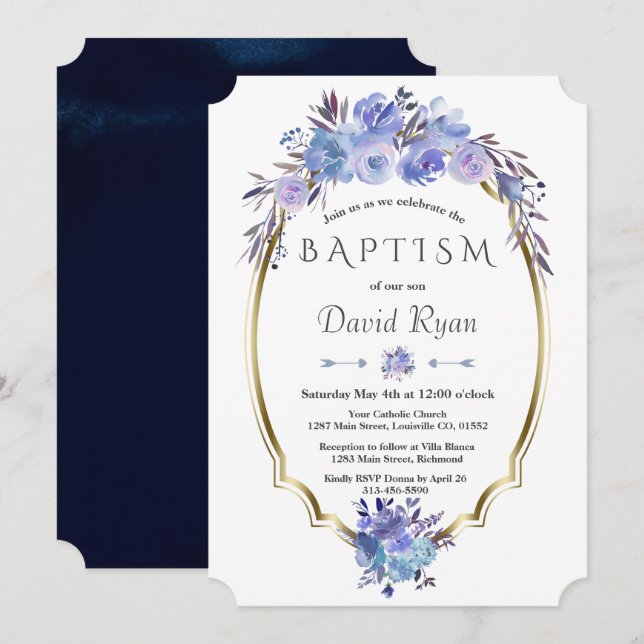 Invitación Royal Navy Blue Gold Blue Floral Boy Baptism (Anverso / Reverso)