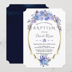 Invitación Royal Navy Blue Gold Blue Floral Boy Baptism