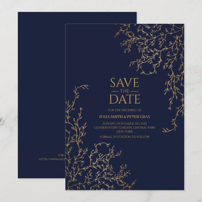 Invitación Royal Navy-Blue & Gold Salven Al Boda De La Fecha (Anverso / Reverso)