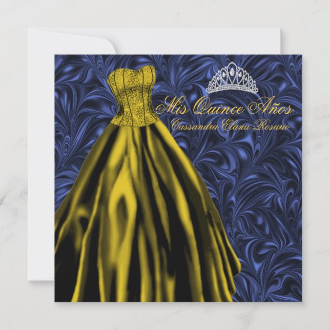 Invitación Royal Navy Blue Gold Vestido Blue Gold Quinceanera (Anverso)