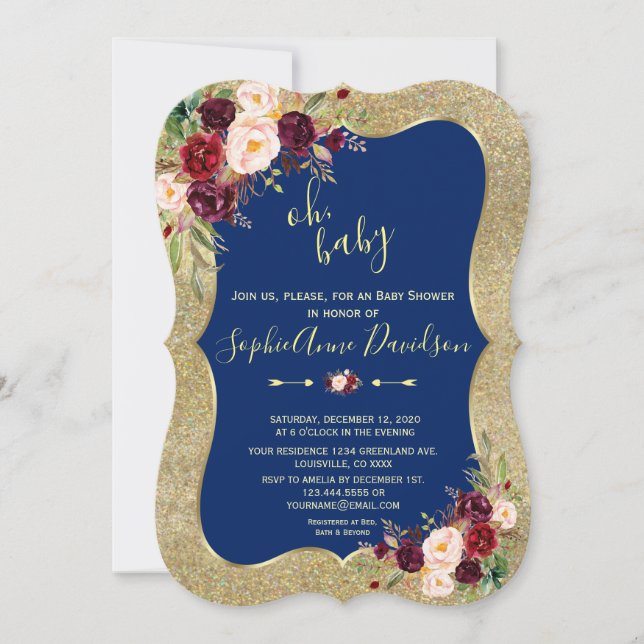 Invitación Royal Navy Blue Rubor Floral Gold BABY SHOWER (Anverso)