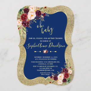 Invitación Royal Navy Blue Rubor Floral Gold BABY SHOWER