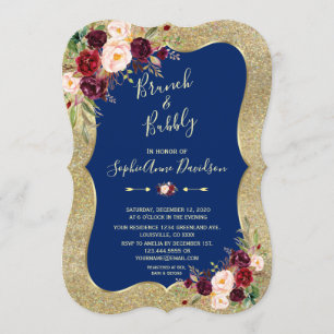 Invitación Royal Navy Blue Rubor Floral Gold Brunch & Bubbly
